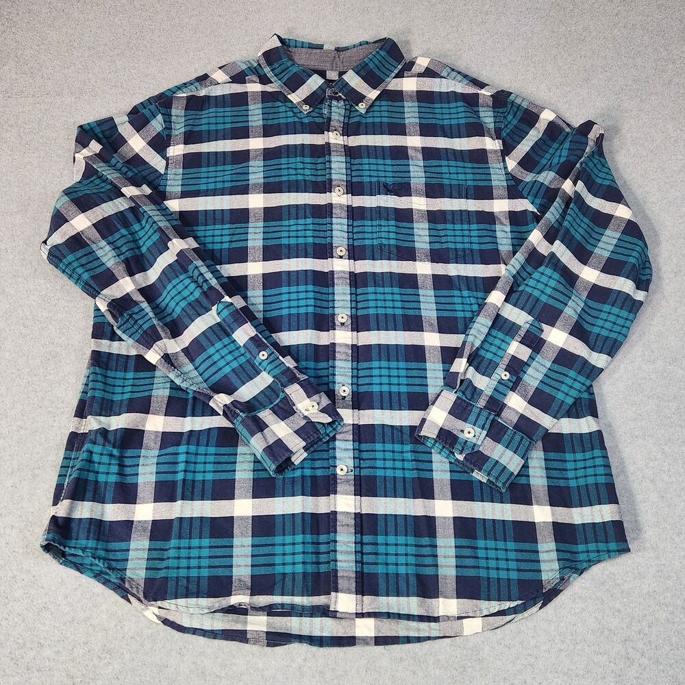 American Eagle Men’s XL Plaid Shirt Classic Fit Button Down Teal Navy Teal Blue